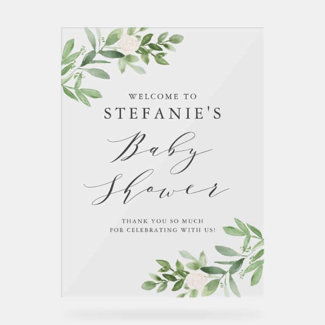 Greenery White Flowers Grey Baby Shower Welcome Acrylic Sign (Front)