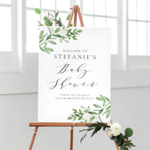 Greenery White Flowers Grey Baby Shower Welcome Poster