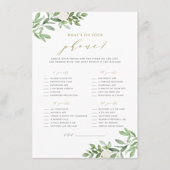 Greenery & White Flowers What's on Your Phone Game Enclosure Card (Front)