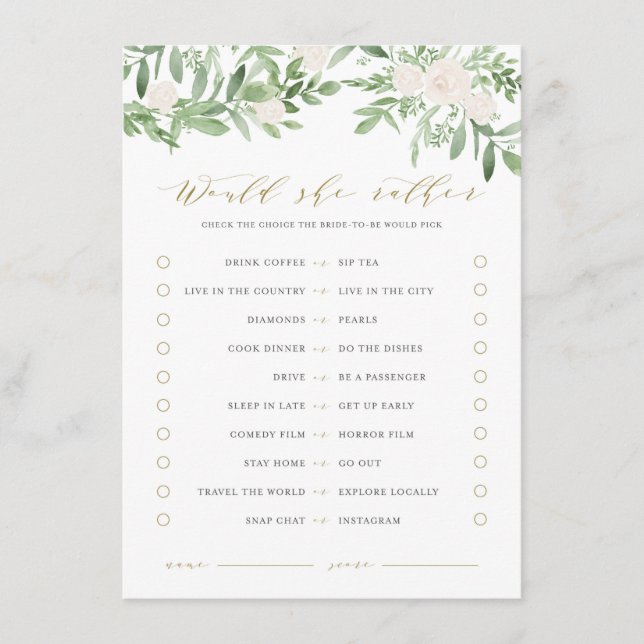 Greenery & White Flowers Would She Rather Game Enclosure Card (Front)