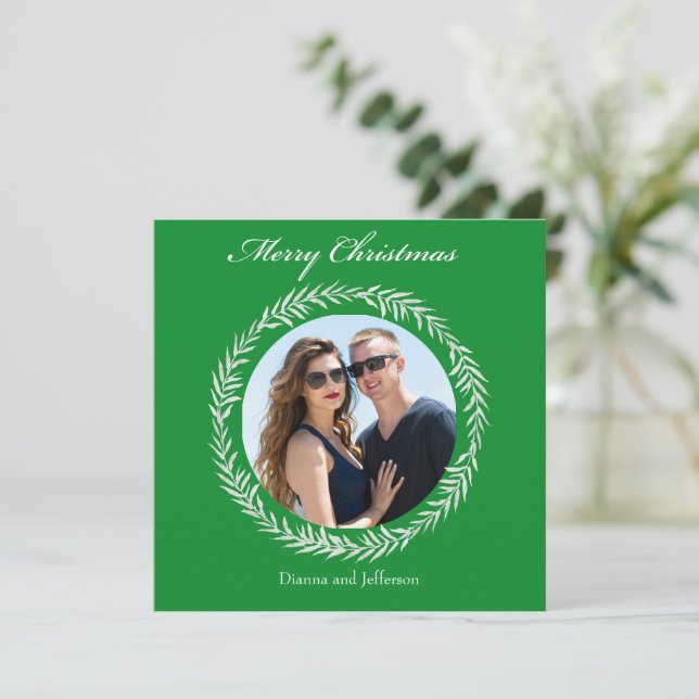 Greenery White Leaves Wreath enclosing your photo Holiday Card (Standing Front)