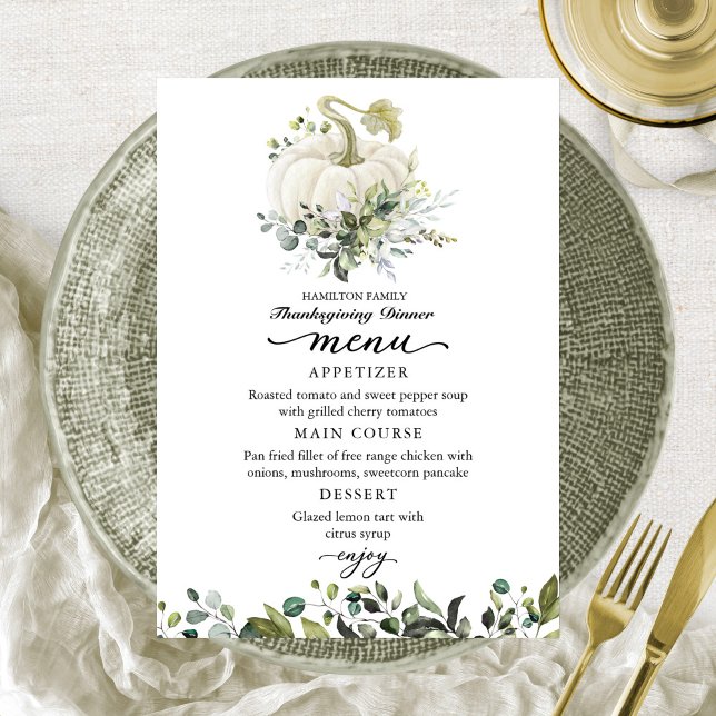 Greenery White Pumpkin Thanksgiving Dinner Menu (Creator Uploaded)