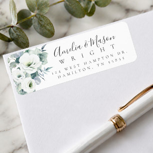 Greenery White Rose Elegant Script Return Address  Label