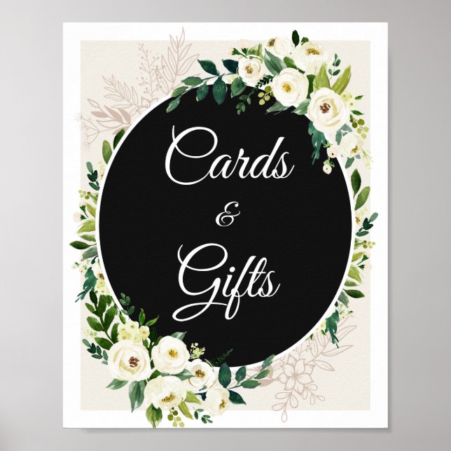 Greenery White Rose Floral Cards and Gifts Sign (Front)