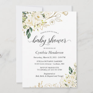 Greenery White Rose Floral Gold Baby Shower Invitation