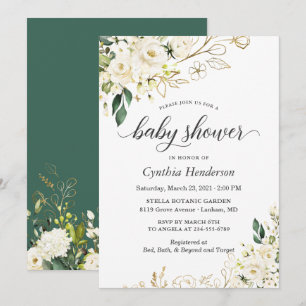 Greenery White Rose Floral Gold Baby Shower Invitation