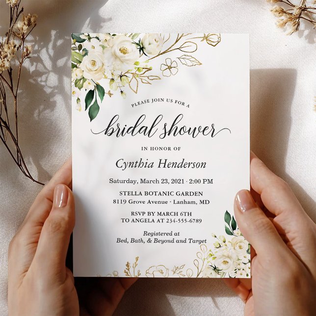 Greenery White Rose Floral Gold Bridal Shower Invitation (Creator Uploaded)