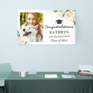Greenery White Rose Floral Graduation Party Photo Banner
