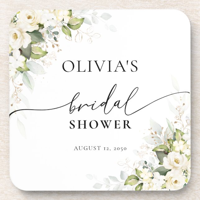 Greenery White Roses Bridal Shower Coasters (Front)