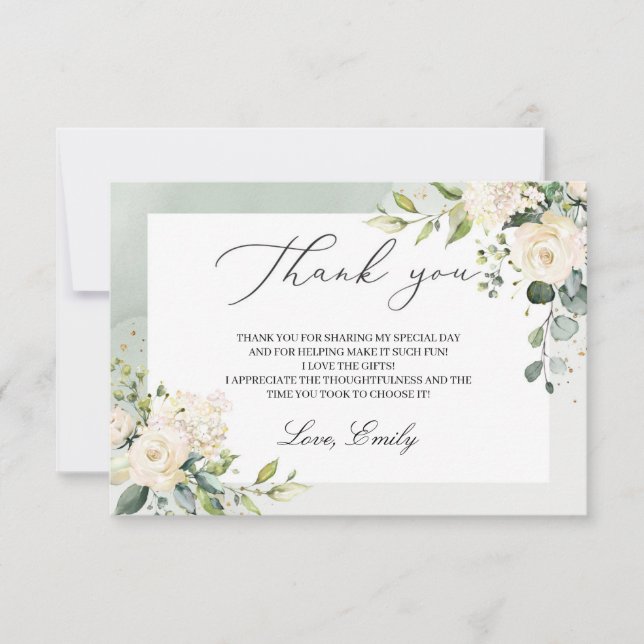 Greenery white roses eucalyptus bridal shower thank you card (Front)