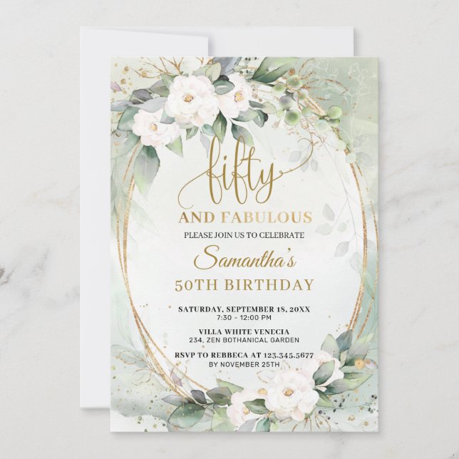 Greenery White roses eucalyptus fifty and fabulous Invitation (Front)