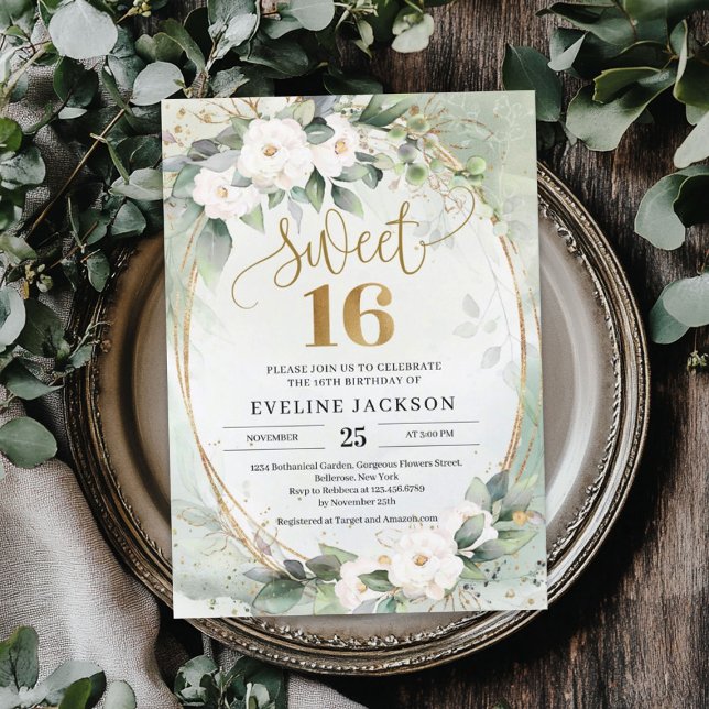 Greenery white roses gold foil oval sweet 16 invitation (Greenery white roses gold foil oval sweet 16 invitation)