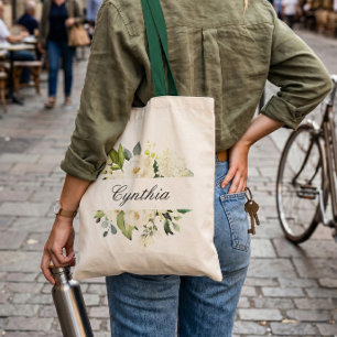 Greenery White Roses Watercolor Floral Bridesmaid Tote Bag
