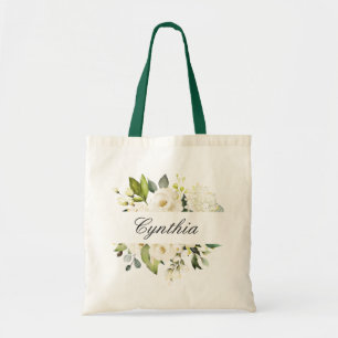 Greenery White Roses Watercolor Floral Bridesmaid Tote Bag