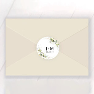 Greenery White Roses Wedding Classic Round Sticker