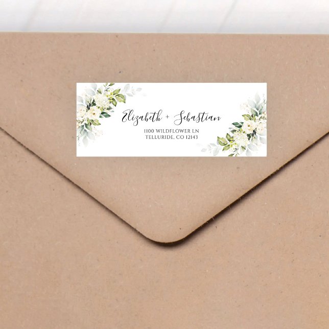Greenery White Roses Wedding Return Address Label (Creator Uploaded)