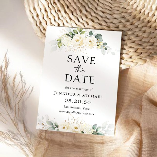 Greenery White Roses Wedding Save The Date Card (Creator Uploaded)