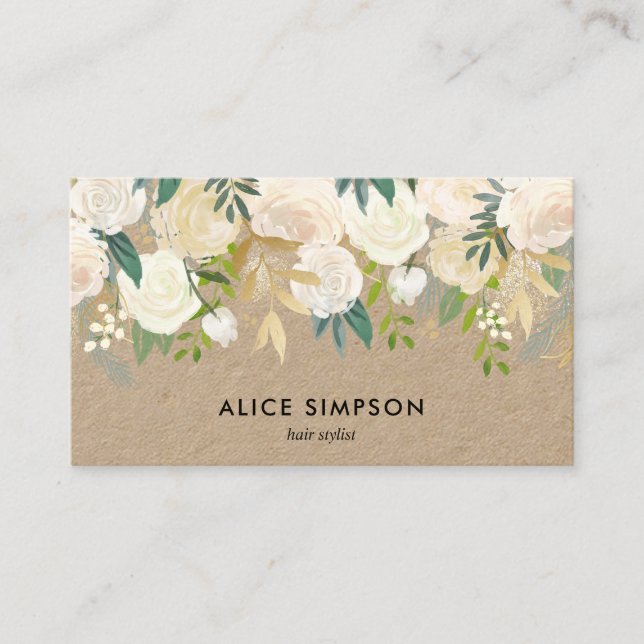 Greenery White Watercolor Floral Kraft Business Card (Front)
