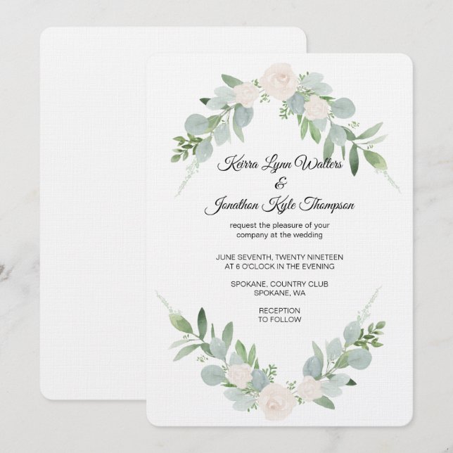 Greenery & White Wedding Invitation design (Front/Back)