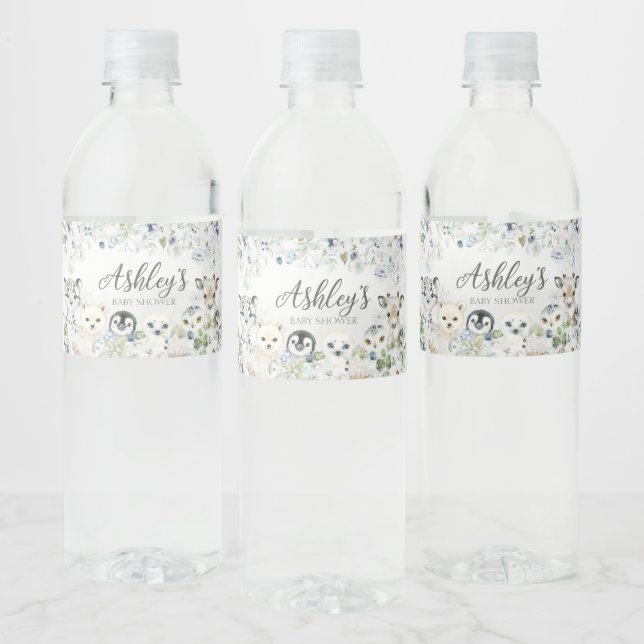 Greenery Winter Arctic Animals Baby Shower Water Bottle Label (Bottles)