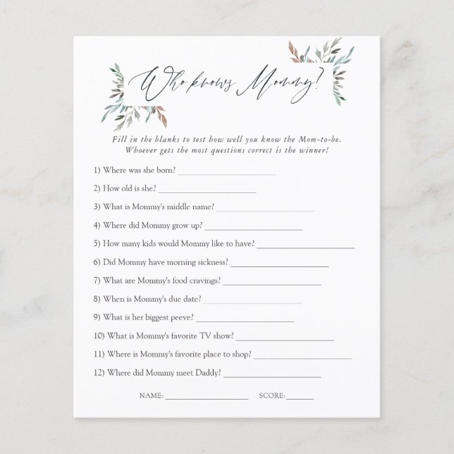 Greenery Winter Baby Shower Who knows Mummy best (Front)