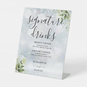 Greenery Winter Wedding Signature Drinks Pedestal Sign
