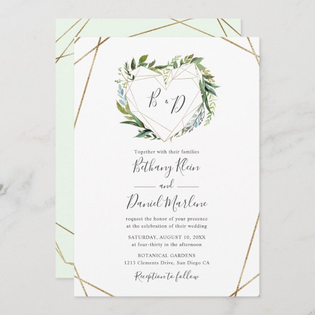 Greenery with Gold Geometric Heart Frame Wedding Invitation (Front/Back)