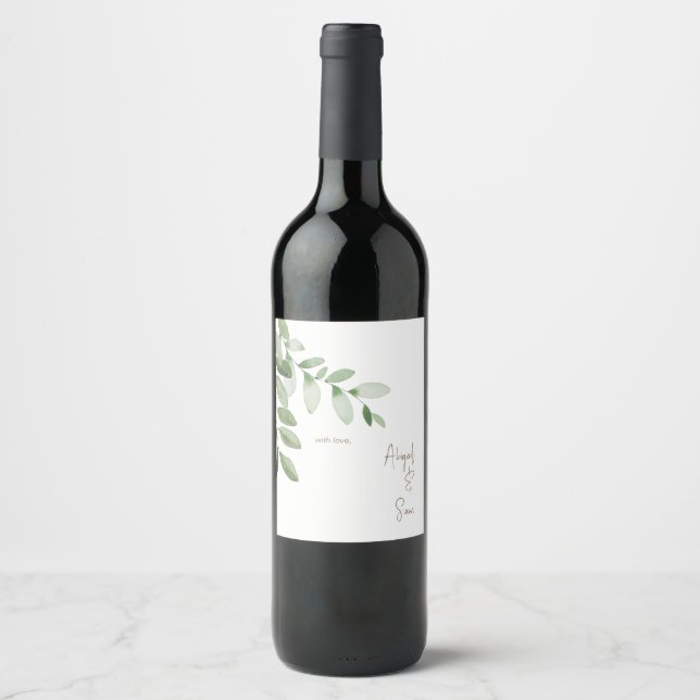 Greenery With Love Personalised Names Wedding  Wine Label (Front)
