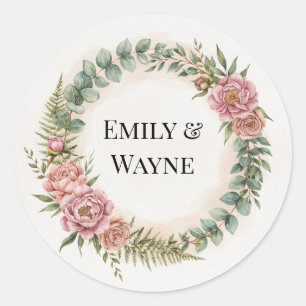 Greenery With Pink Flowers Romantic Wedding Classic Round Sticker