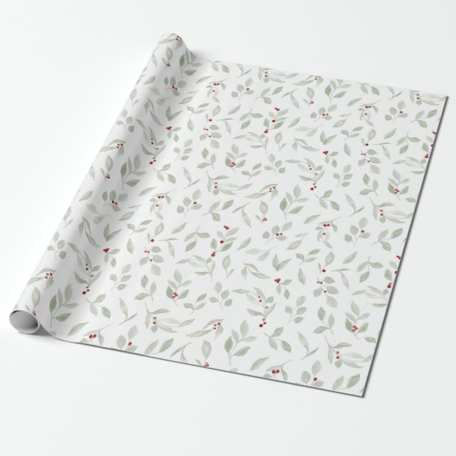 Greenery with Red Berries Wrapping Paper (Unrolled)