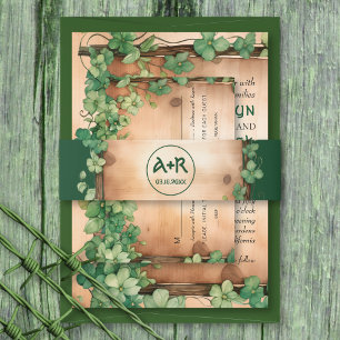 Greenery, wood and iitials St Patricks Day wedding Invitation Belly Band