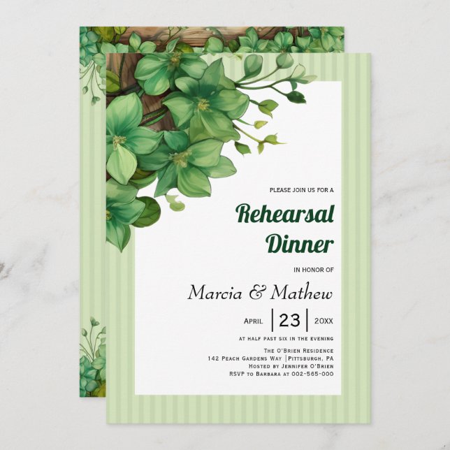 Greenery wood and stripes wedding rehearsal dinner invitation (Front/Back)
