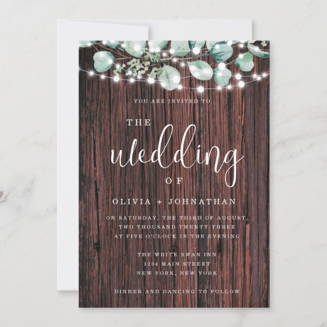Greenery Wood String Lights Wedding Invitation (Front)