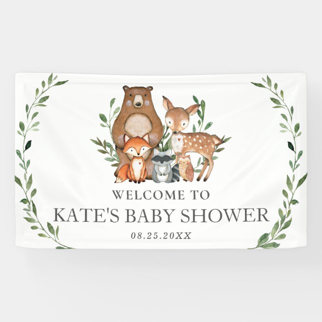Greenery Woodland Animals Baby Shower Backdrop Banner (Horizontal)