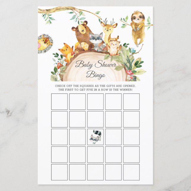 Greenery Woodland Animals Baby Shower Bingo Game (Front)
