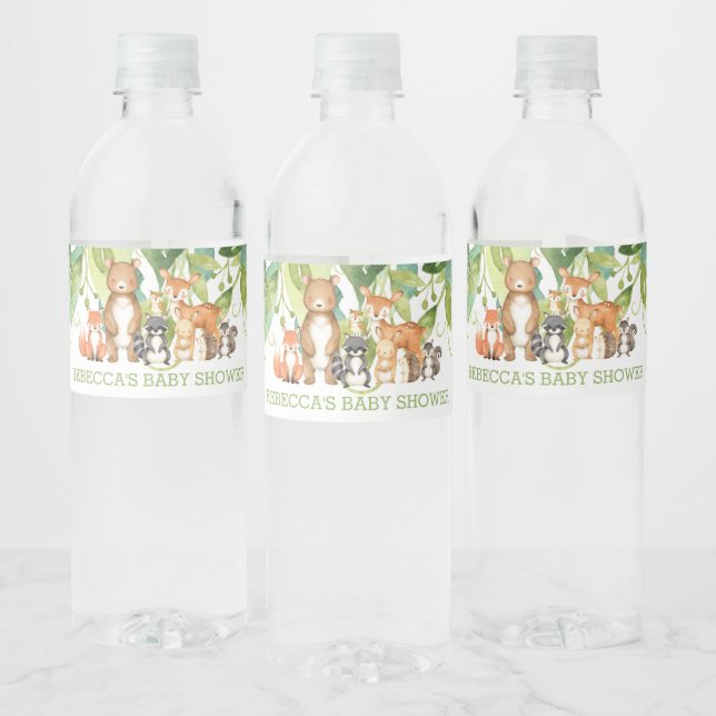 Greenery Woodland Animals Baby Shower Birthday Boy Water Bottle Label (Bottles)