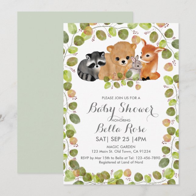 Greenery Woodland Animals Baby Shower Invitation (Front/Back)