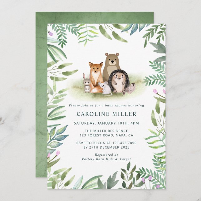  Greenery Woodland Animals Baby Shower Invitation (Front/Back)