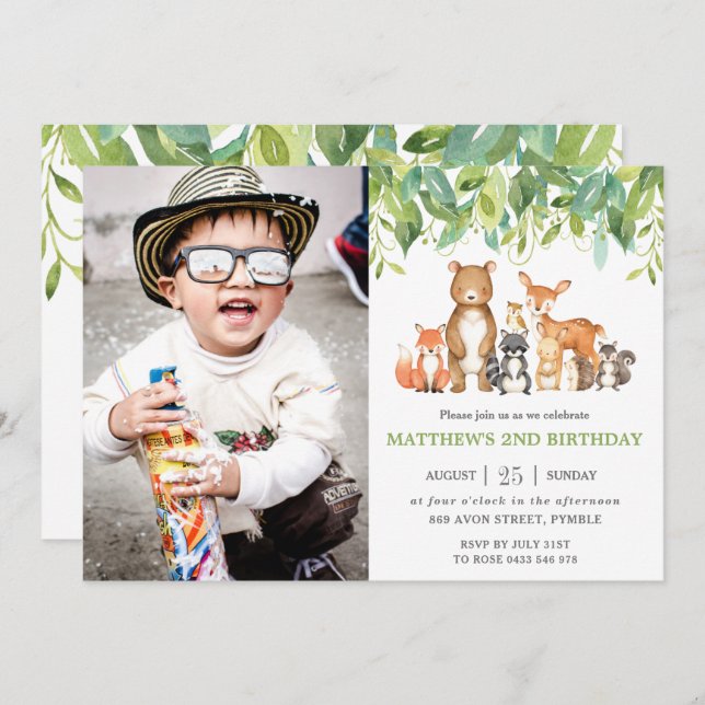 Greenery Woodland Animals Birthday Party Photo Invitation (Front/Back)