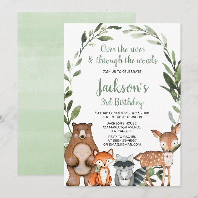 Greenery woodland animals boy girl birthday party invitation (Front/Back)