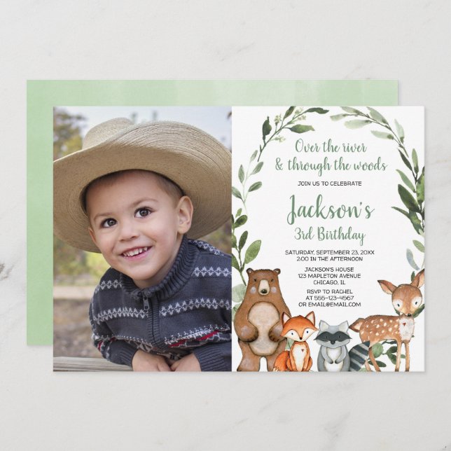 Greenery Woodland animals boy girl birthday photo Invitation (Front/Back)