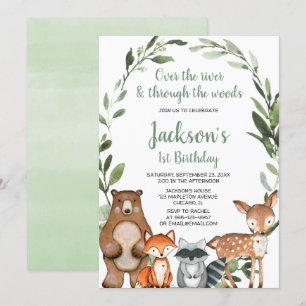 Greenery woodland animals first 1st birthday party invitation