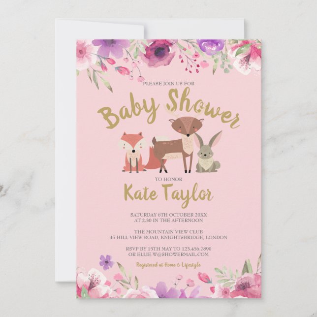 Greenery Woodland Animals Pink Floral Baby Shower Invitation (Front)