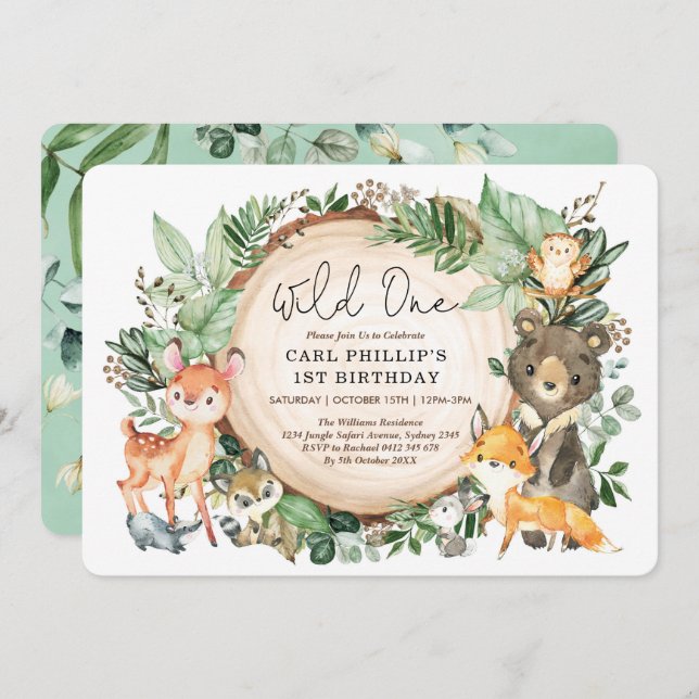 Greenery Woodland Animals Wild One 1st Birthday Invitation (Front/Back)