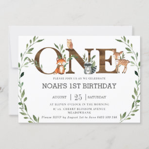 Greenery Woodland Animals Wood ONE 1st Birthday Invitation