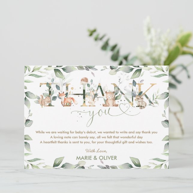 Greenery Woodland Baby Shower Birthday   Thank You Card (Standing Front)