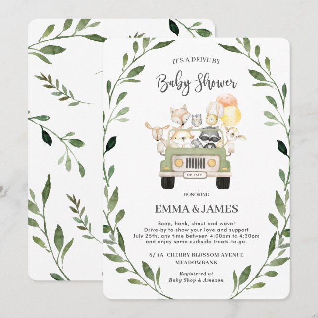 Greenery Woodland Drive By Baby Shower Neutral Invitation (Front/Back)