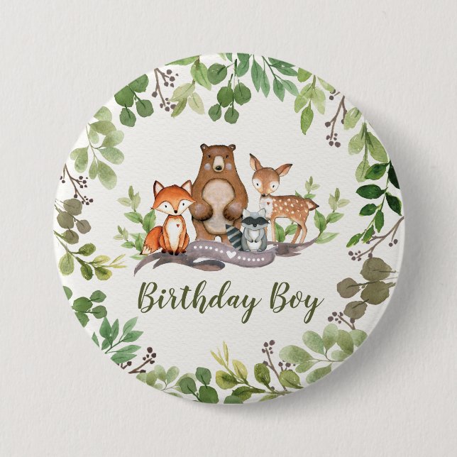 Greenery Woodland Forest Animals Birthday Boy 7.5 Cm Round Badge (Front)