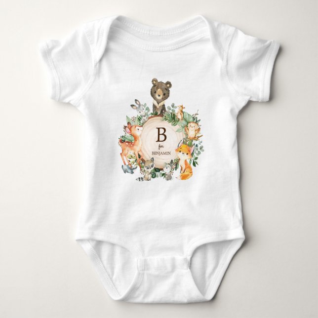 Greenery Woodland Forest Animals Custom Monogram Baby Bodysuit (Front)