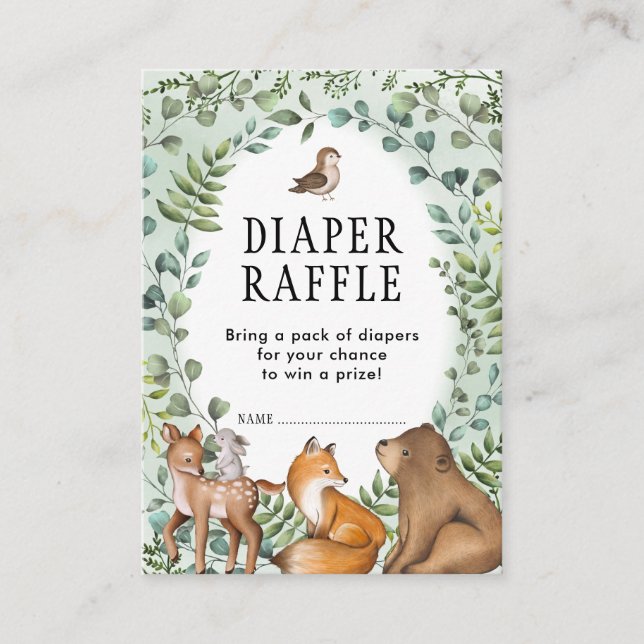 Greenery Woodland Forest Animals Diaper Raffle Enclosure Card (Front)